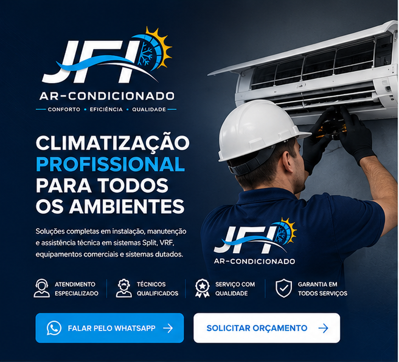 Técnico da JFI instalando ar-condicionado split