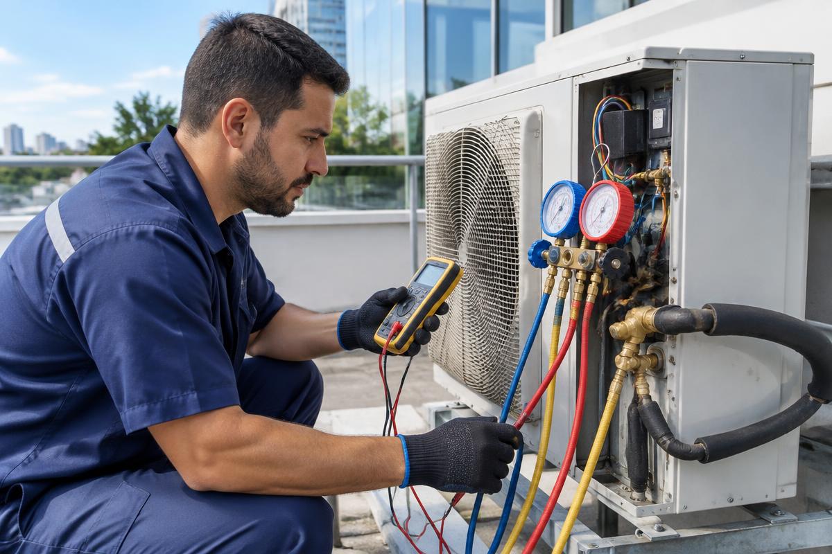 Técnico diagnosticando falha em condensadora com instrumentos de medição