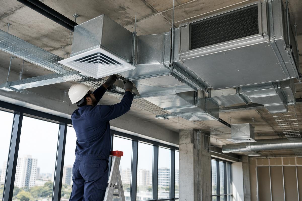 Instalação de dutos de climatização em ambiente comercial
