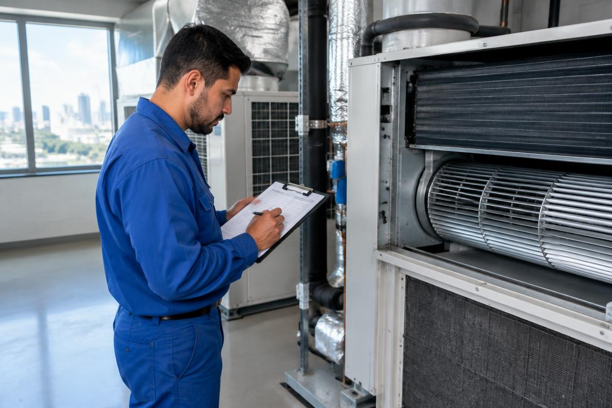 Técnico inspecionando sistema de climatização e preenchendo checklist