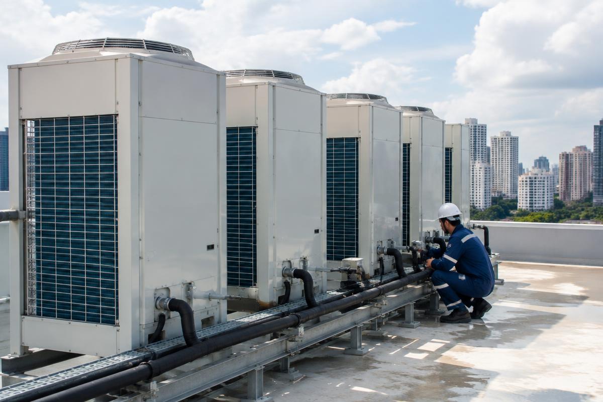Unidades externas de sistema VRF em instalação comercial